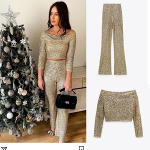 Zara 2pcs  Limited edition sequin top+pants set
